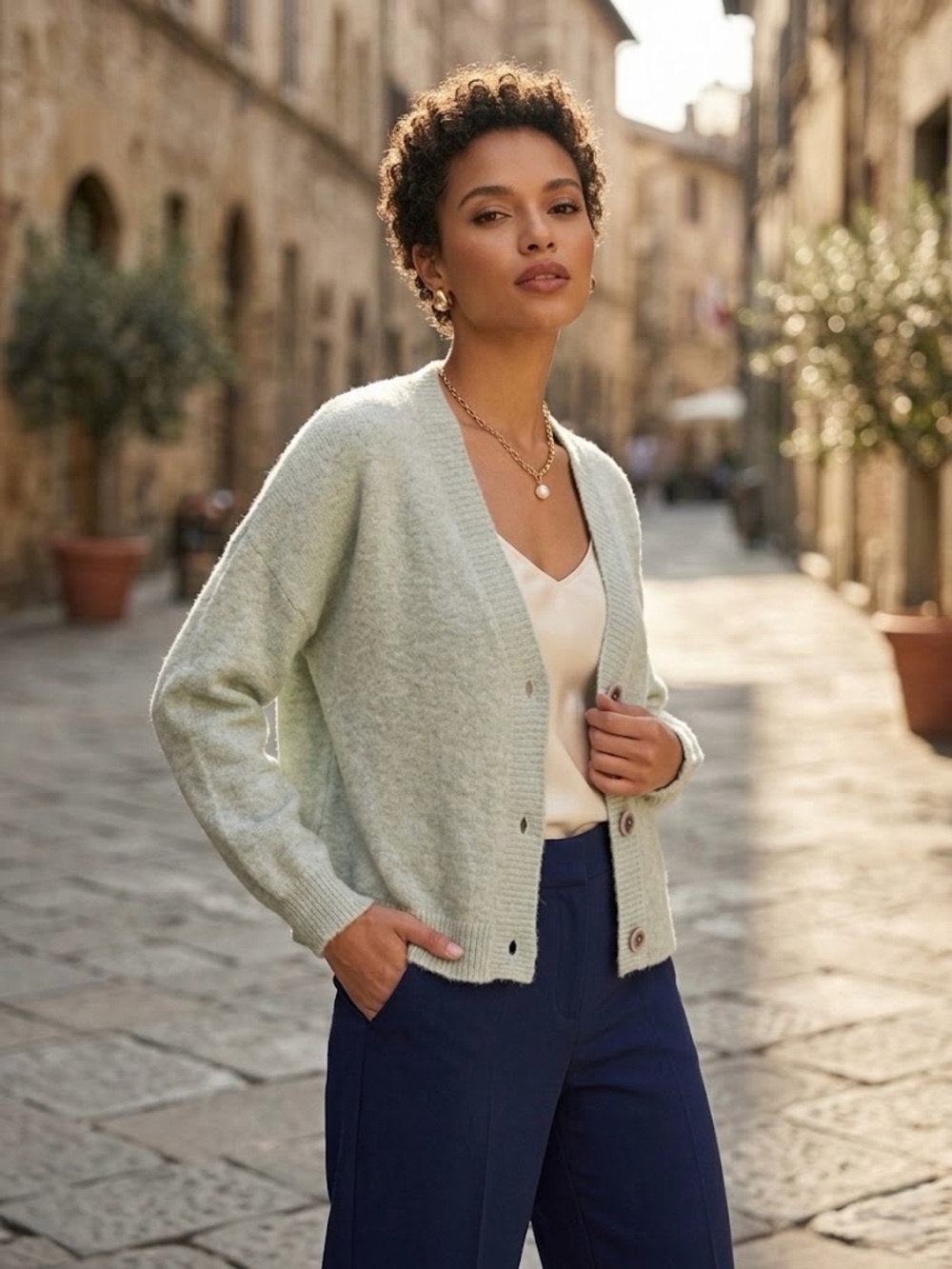 Soft V-Neck Button-Front Women's Cardigan - Pale Sage